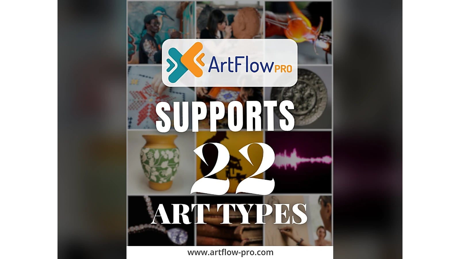 Collage of different types of artwork, including murals, ceramics, glass, embroidery, jewellery and sound art, showing the 22 art types on ArtFlow Pro