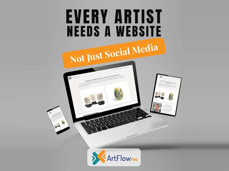 Artist website for an Australian ceramics studio shown on a laptop, tablet and phone, with the words every artist needs a website, not just social media