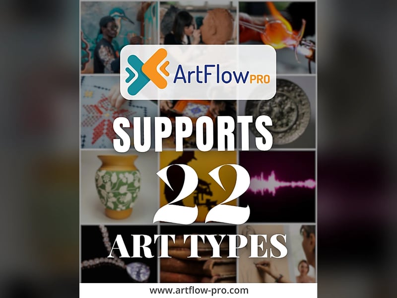Collage of different types of artwork, including murals, ceramics, glass, embroidery, jewellery and sound art, showing the 22 art types on ArtFlow Pro